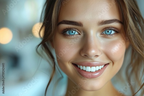 Dental care banner with a beautiful healthy smile of a young woman