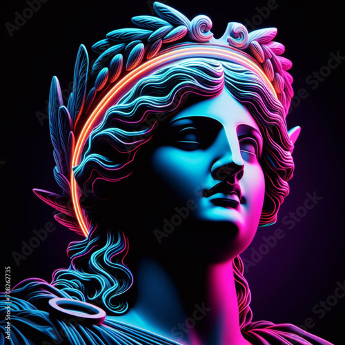 Illustration of a Renaissance marble statue of Athena. She is the Goddess of wisdom, warfare, and handicraft. Athena in Greek mythology, known as Minerva in Roman mythology. Neon colours.