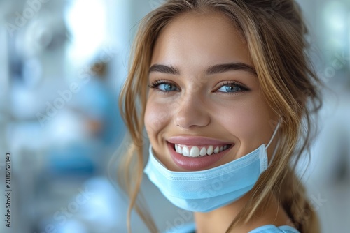 Dental care banner with a beautiful healthy smile of a young woman