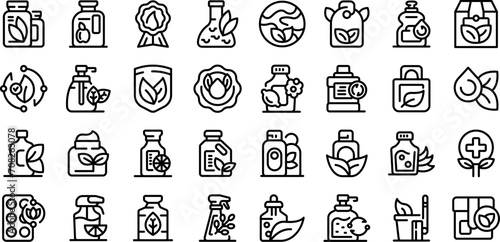 Eco friendly cleaning products icons set outline vector. Soap detergent. Toxic cleaner