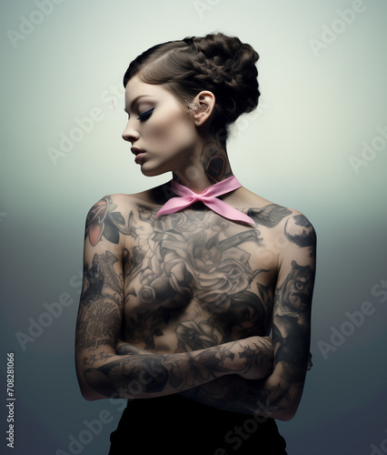 Tattooed woman who has undergone mastectomy and breast cancer treatment poses, offering support to women currently fighting the same life battle. 