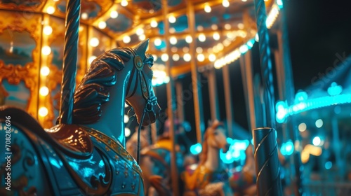 merry go round carousel in an amusement park in the dark evening night. blurry wallpaper background 16:9