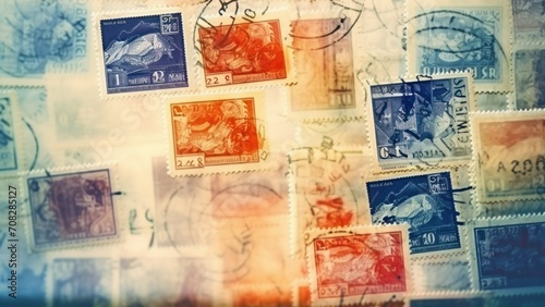 A Collage of Vintage Postage Stamps with Artistic Bokeh Effect, Horizontal Wallpaper Background 