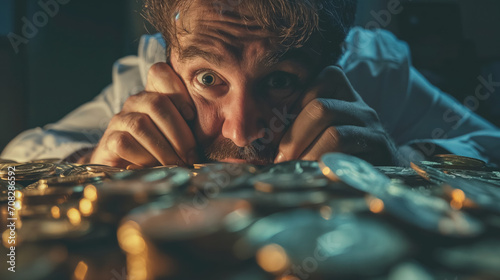 Man obsessed with a pile of coins.