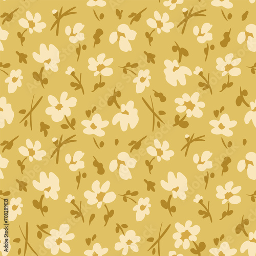 All over vector seamless repeat pattern with ditsy tossed flowers on golden mustard background. Versatile cottage everyday ditsy floral backdrop in golden honey mustard colors.