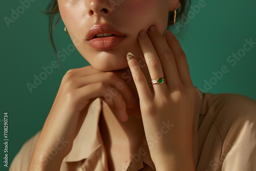 Closeup portrait of beautiful young woman with makeup and golden ring and gold jewelry on her finger and ear. model in beige outfit. in the style of gold and light emerald. Fashion magazine. 