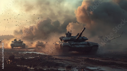 a armored tank shooting of a battle field in a war. bombs and explosions in the background. fire smoke and ash everywhere. pc desktop wallpaper background. 16:9, 4k
