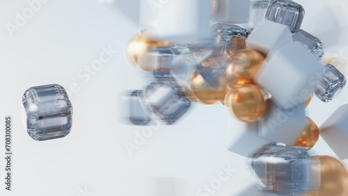 Abstract composition. Golden and glass geometric shapes. Soft focus, motion blur effect. Technology background