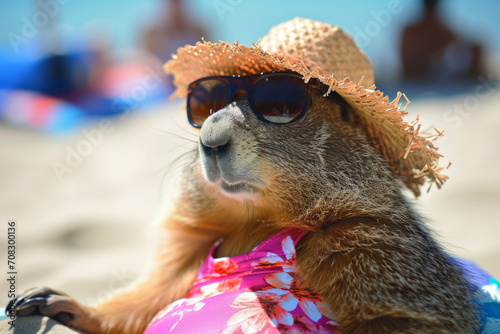 Photograph of a groundhog dressed up for the beach on Groundhog Day, sunglasses and swim suit