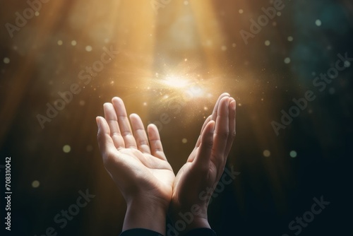 Human hands open palm up worship with faith in religion and belief in God on blessing background.Christian Religion concept background, Generative AI