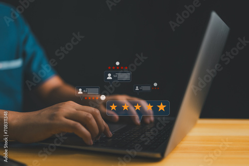 Customer Satisfaction Survey concept, 5-star satisfaction, service experience rating online application, good quality most, customer evaluation product service quality, satisfaction feedback review.