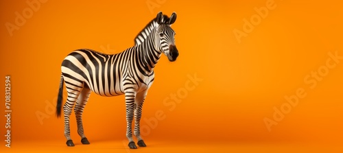 A zebra stands against an orange background, its stripes reminiscent of racing stripes.