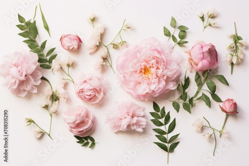 Decorative floral composition with pink roses, peonies, chameleucium flowers and green leaves on white table background. Flower pattern. Flat lay, top, Generative AI
