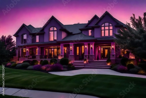 Luxury home during twilight golden hour with pink and purple sky and lush landscaping in Nebraska USA beautiful view