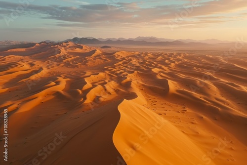 Aerial view on textured desert dunes at dawn, a beautiful, golden, nature and landscape to explore, good for wallpaper, abstract or texture background purpose...