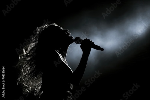 Silhouette of a female singer with flowing hair against a light beam