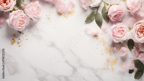 white marble background with scattered blush pink roses and delicate gold leaf