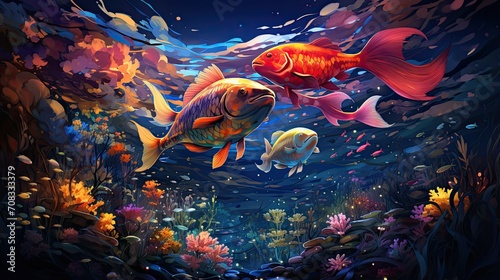 Beautiful underwater scenery with various types of fish and coral reefs.