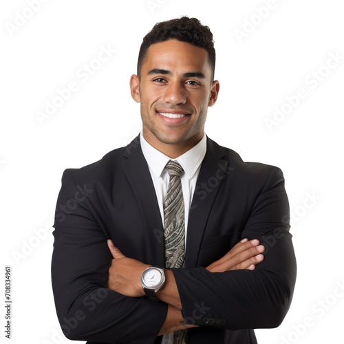 Front view of an extremely handsome polynesian male model dressed as an Lawyer smiling with arms folded, isolated on a white transparent background.