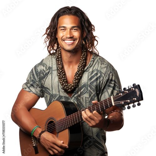 Front view of an extremely handsome polynesian male model dressed as an Musician smiling with arms folded, isolated on a white transparent background.