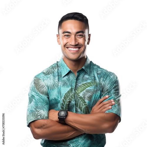Front view of an extremely handsome polynesian male model dressed as an Speech Therapist smiling with arms folded, isolated on a white transparent background.