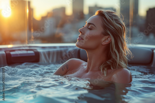A serene blonde model enjoying a spa hot tub during twilight with last sun rays and busy city skyline in background