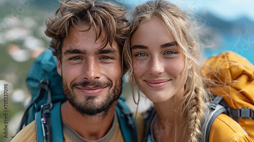 Beautiful young caucasian couple hiking on mountain with city and mountain view in background, smiling to camera, dark amber and teal colors