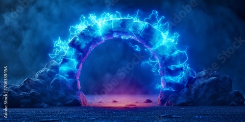 Magic Gate. Blue light, Fire. Portal in a stone arch. Fantasy gate. Ancient ruins. Passage to another world. Stone Magic door. Alien world. Magical power. Game design. 3D illustation isolated on black