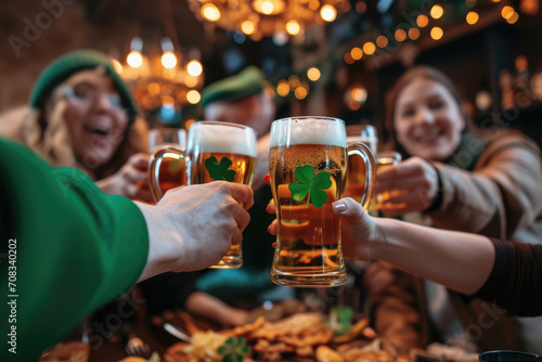 Friends celebrating St. Patrick Day with food and beer mug at an Irish pub