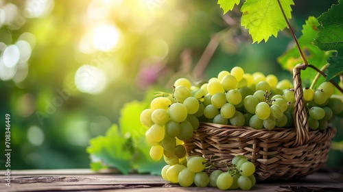 Green grape in Bamboo basket on wooden table in garden, Shine Muscat Grape with leaves in blur background.