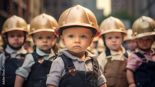 Portrait of Baby builders, wearing in working form and helms
