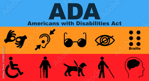 ADA, Americans with Disabilities Act. Concept with keywords, letters and icons. Colored flat vector illustration