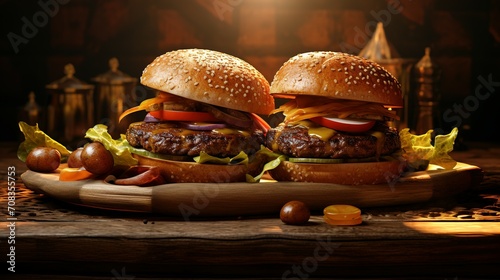 3d wallpaper Beef burgers on wooden plate