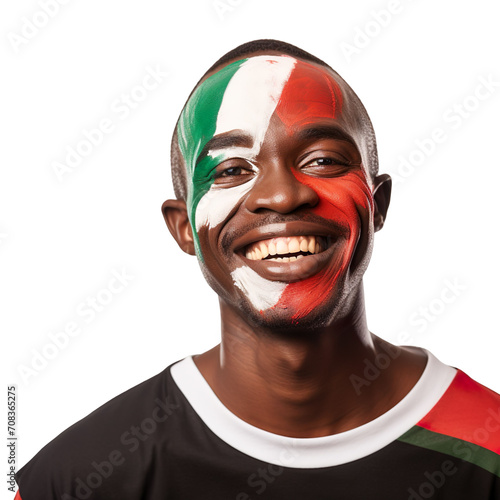 front view of a handsome man with his face painted with a Malawi flag colors smiling isolated on a white transparent background 