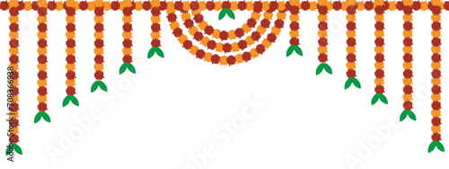 Traditional indian marigold floral garland vector,wedding and festival decoration,border flower decoration with transparent background