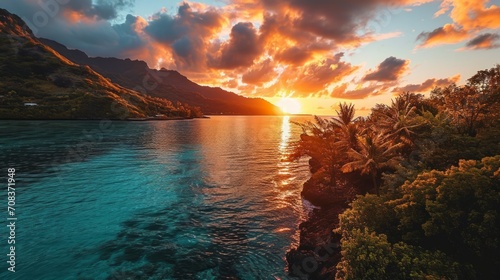 Breathtaking French Polynesia, vibrant sunset hues, aerial drone view, tranquil waters, detailed sunset scen Generative AI