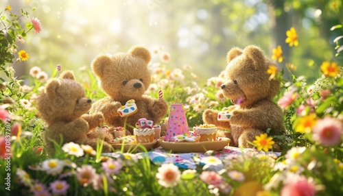 A group of teddy bears celebrating a birthday picnic in a sunlit garden, surrounded by blooming flowers and party favors,