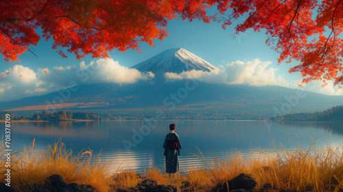 A serene image captures the essence of autumn in Japan with a person standing in quiet contemplation before the majestic Mount Fuj