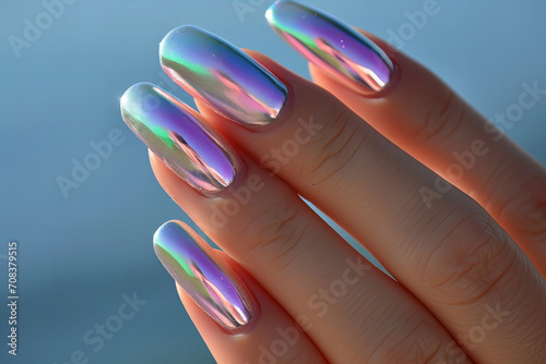 Nail art, iridescent chrome design, pastel background