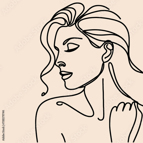 Continuous one-line portrait. A woman's face is an unbroken line. Elegant minimalist portrait for prints, tattoos, posters, textiles, cards. Vector illustration