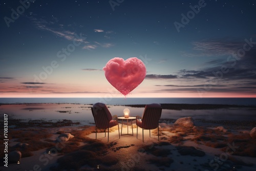 Romantic dinner table with two chairs on a beach