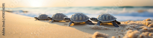 A row of turtles slowly making their way across the beach, a serene and timeless scene