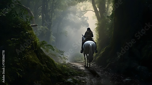 Spirit of Adventure: Horse and Rider Navigate Dense Forest Trail - A Thrilling Equine Journey through Nature's Wilderness!