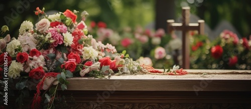 Christian Catholic grave adorned with wooden burial crucifix and floral funeral wreath.