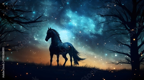 Lunar Silhouette: Horse in Moonlight, Framed by a Starry Sky - Capturing the Mystique of Equine Beauty under the Celestial Canopy
