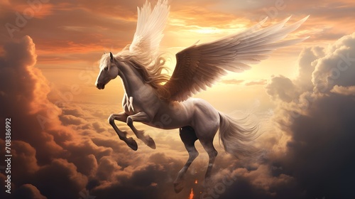 Ethereal Equestrian: Mystical Horse with Wings Soaring Above Clouds - Unleash the Magic in this Enchanting Equine Fantasy