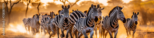 Zebras trotting across the African savannah, their black and white stripes creating a mesmerizing pattern
