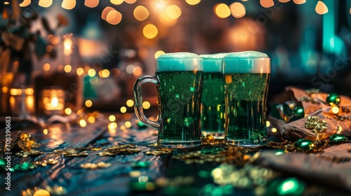 Green beer for Saint Patrick's Day celebrations. Feast of St. Patrick. 