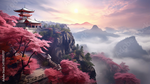 Stunning mountain view of Asian temple amidst mist and blooming sakura trees in misty haze symbolizing harmony between nature and spirituality, breathtaking allure of nature