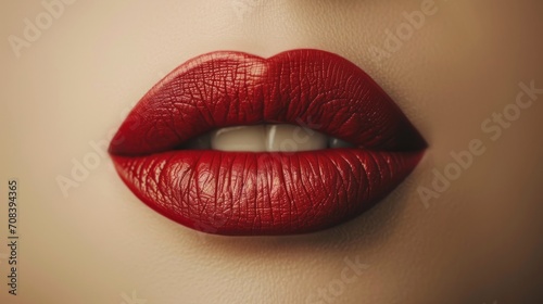 Red lips on a beige background. Beauty industry style illustration. Red lipstick
